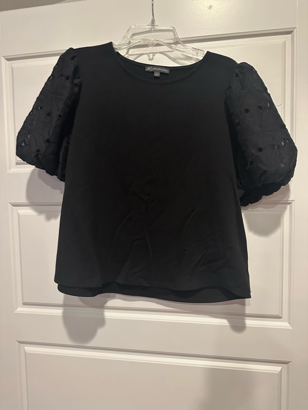 Adrianna Papell Black Puff-Sleeve Eyelet Blouse